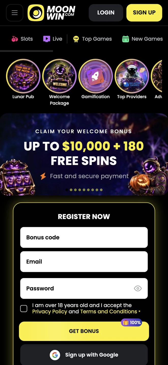 MoonWin App home screen with story shortcuts, the welcome bonus banner and the sign-up form