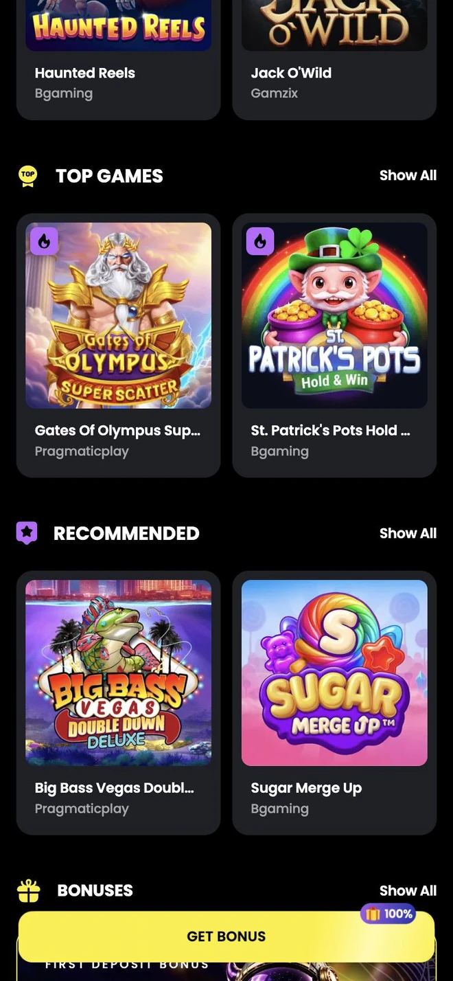 MoonWin App Top Games and Recommended sections