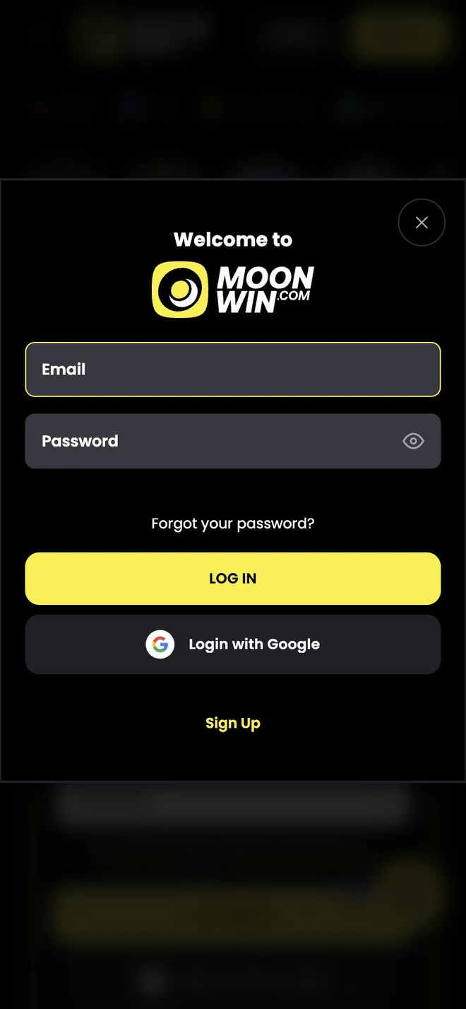 MoonWin App login window with email, password and Google login